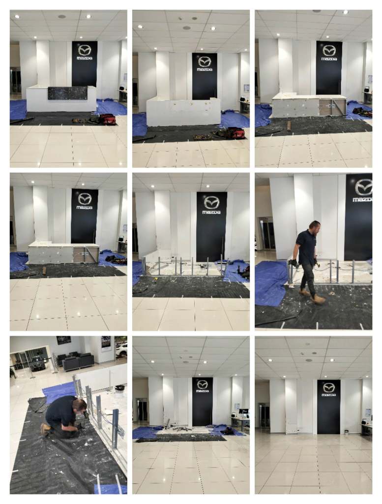 before and after collage of otg rubbish team member removing and demolishing desk at mazda dealer ship in sydney showing 9 photos collated into 1 picture with black mazda logo